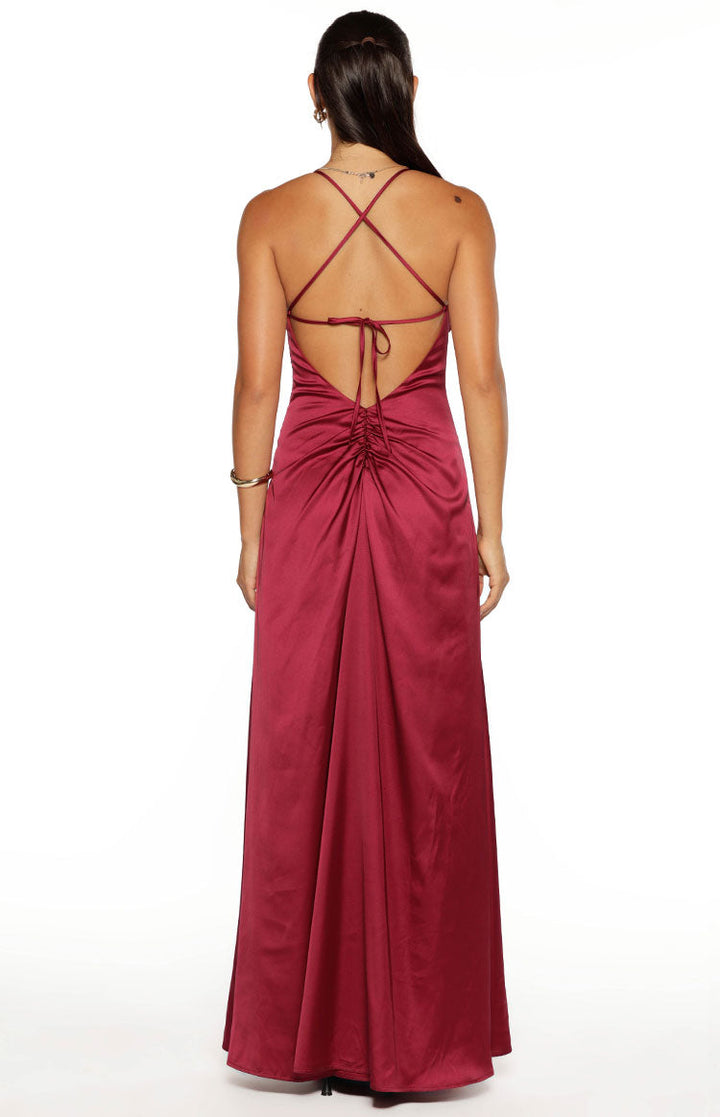 Blaise Sculpted Satin Maxi Dress – Burgundy