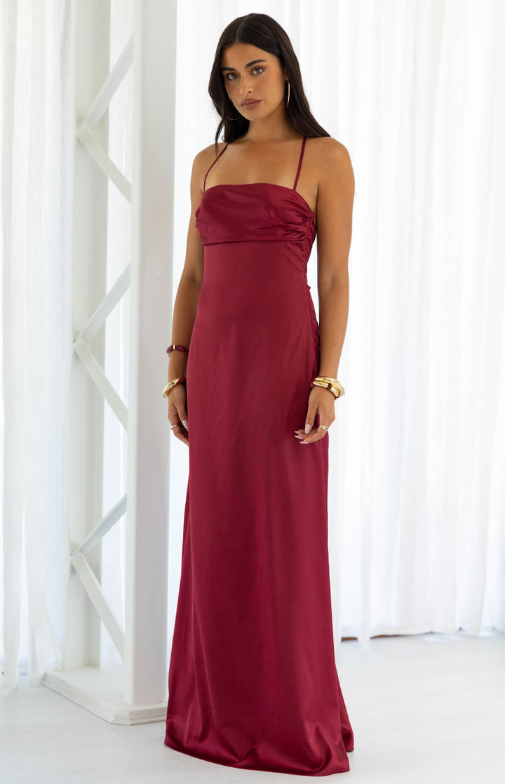 Blaise Sculpted Satin Maxi Dress – Burgundy