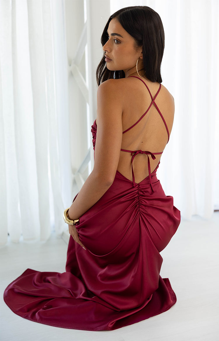 Blaise Sculpted Satin Maxi Dress – Burgundy