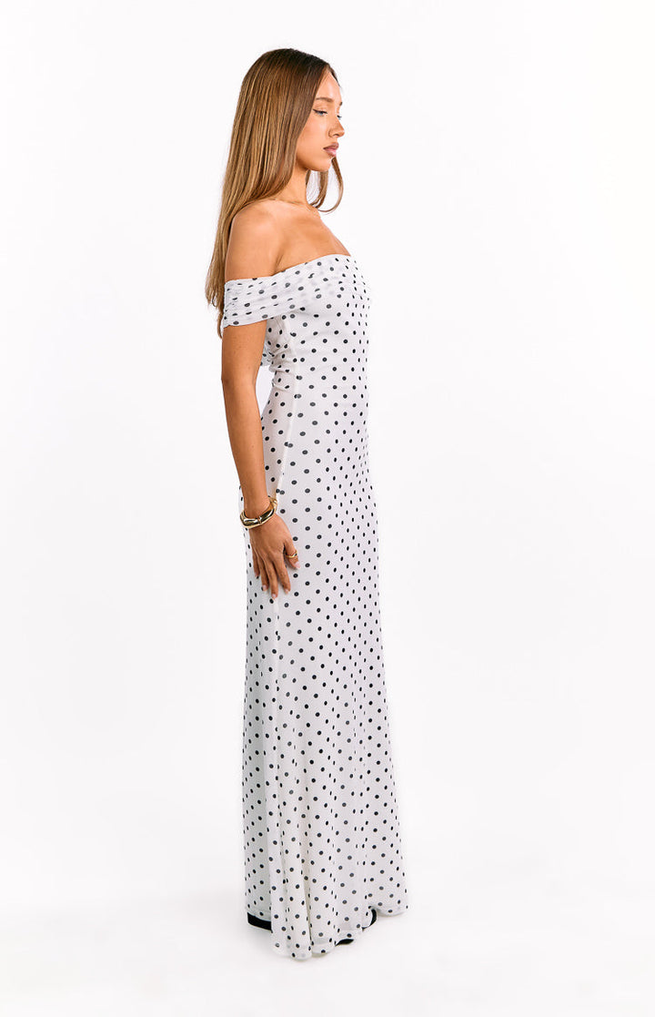 White Polka Dot Off-Shoulder Maxi Dress