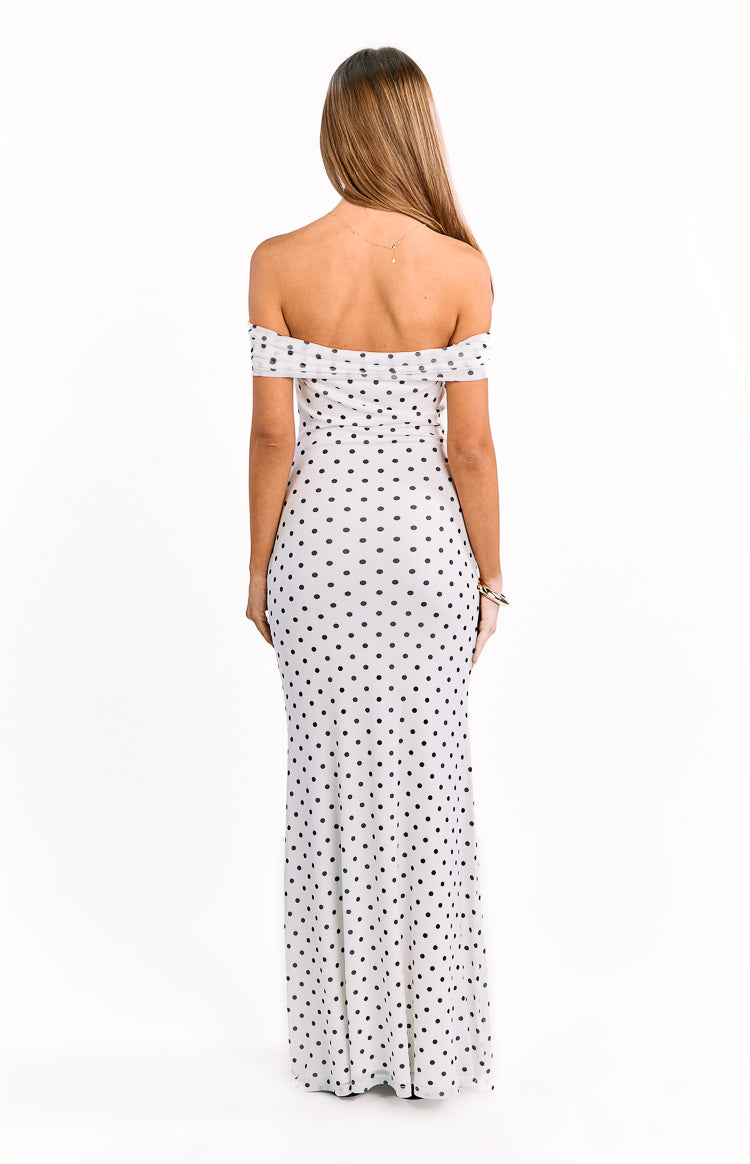 White Polka Dot Off-Shoulder Maxi Dress