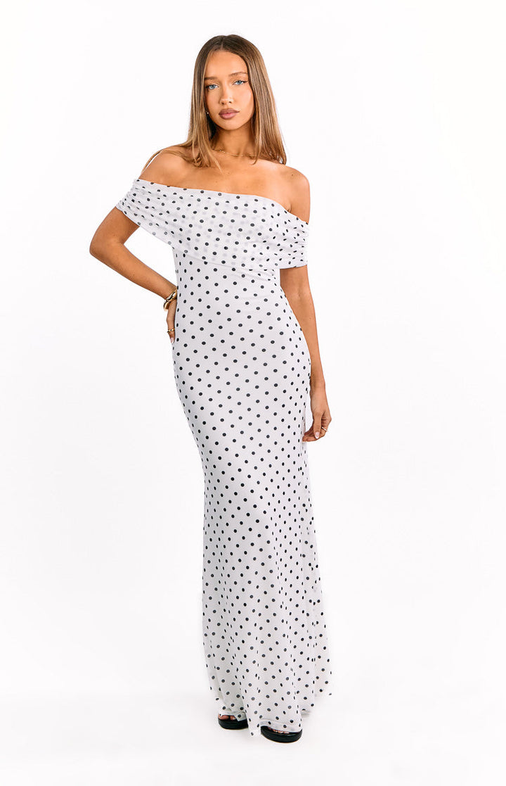 White Polka Dot Off-Shoulder Maxi Dress