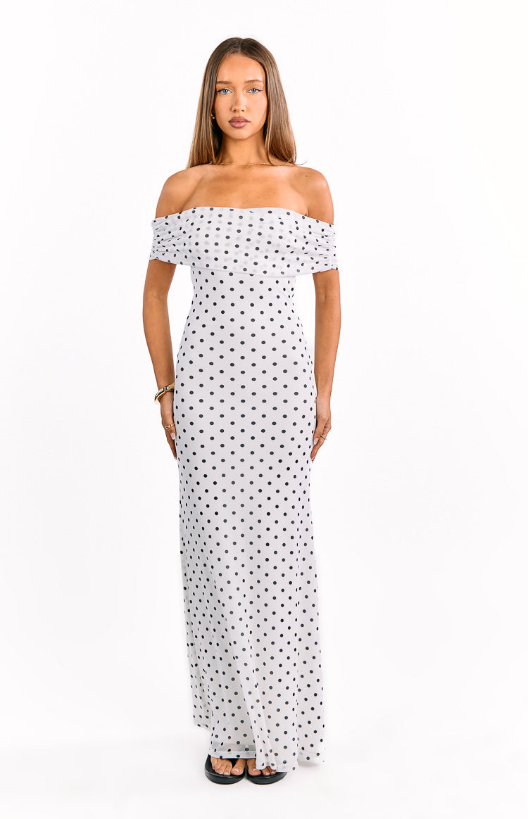 White Polka Dot Off-Shoulder Maxi Dress