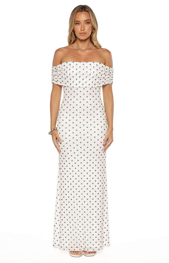 White Polka Dot Off-Shoulder Maxi Dress