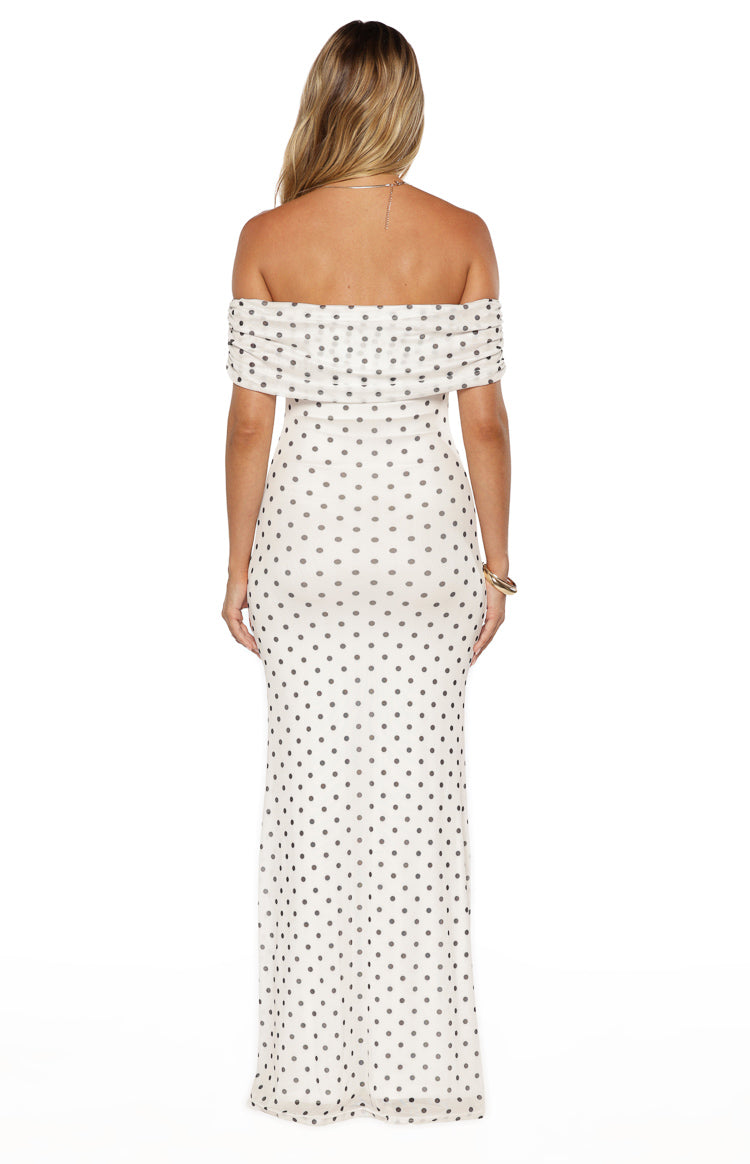 White Polka Dot Off-Shoulder Maxi Dress